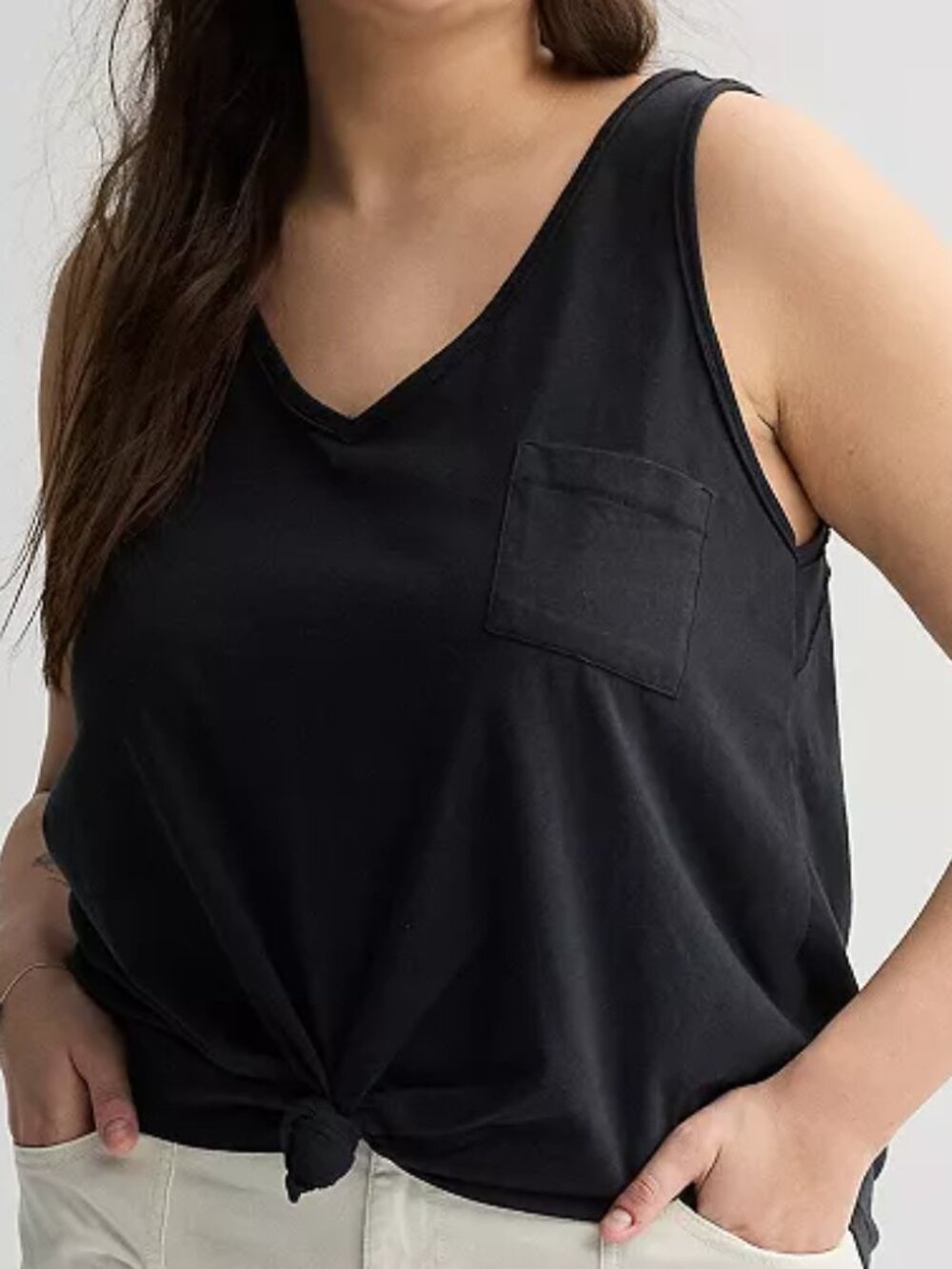 Juniors' Plus Size SO Relaxed V-Neck Pocket Tank Top, Color: Black Luxe  Size:1X